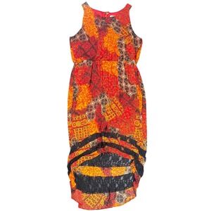 Cato Patchwork Boho Midi Dress Sleeveless Lace Hem Hi Low Keyhole XL